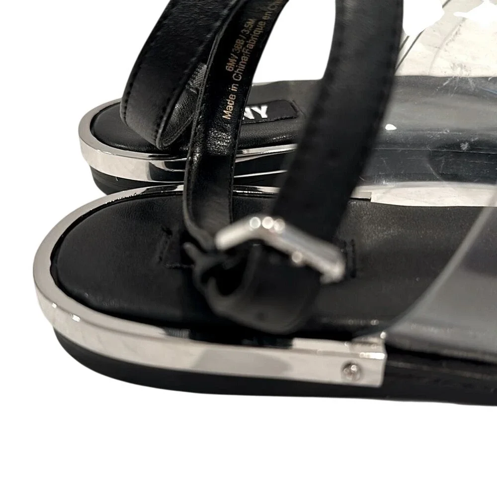 DKNY Ava Ankle T-Strap Thong Sandals Women's 6 Black Clear Minimalist Modern‎
